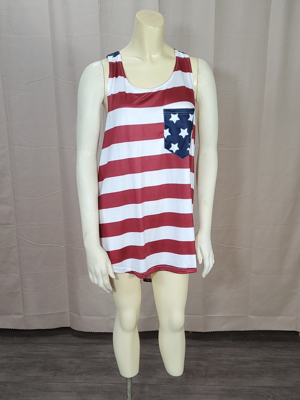 Women's Red & White Striped Tank Top with Star Pocket
